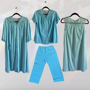 Retro Blue Full Womens Pajamas Set - Matching Pants, Shirt, Robe, and Dress